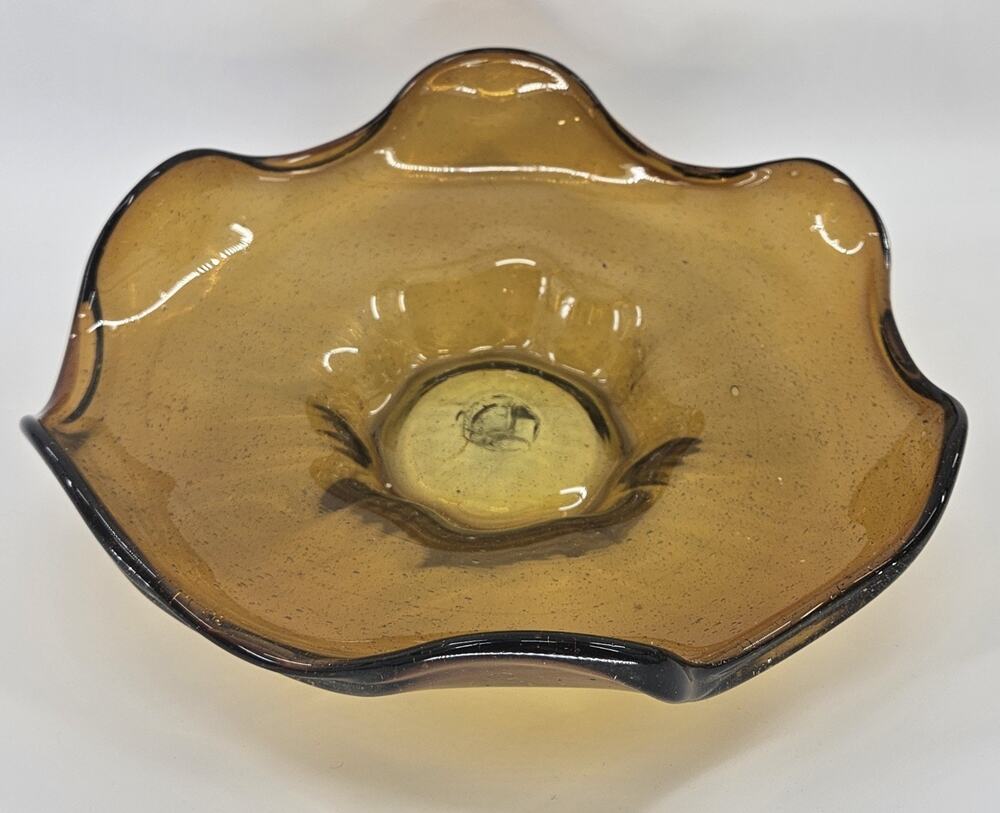 Vintage Amber Bubble Glass Ruffled Bowl 10.5 Inch MCM Art Glass